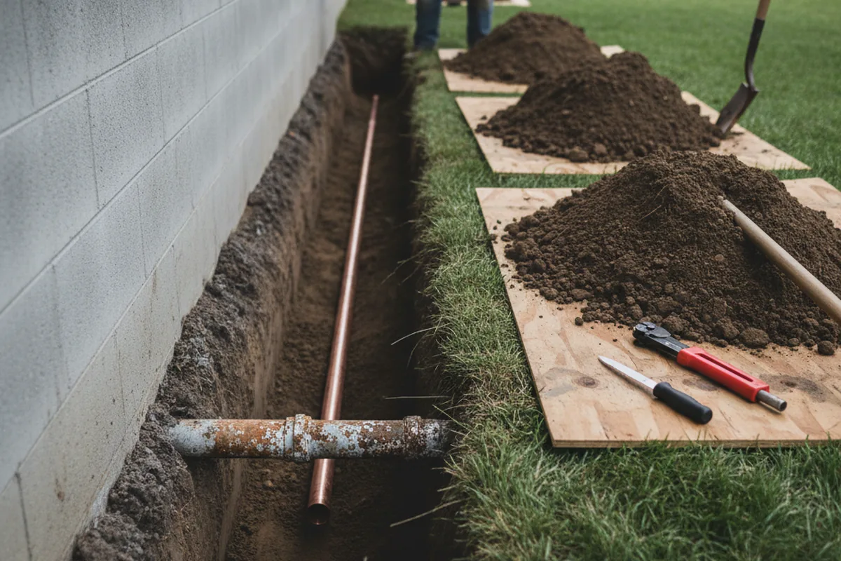 Excavated water line trench during Water Softener Installation in Pittsboro